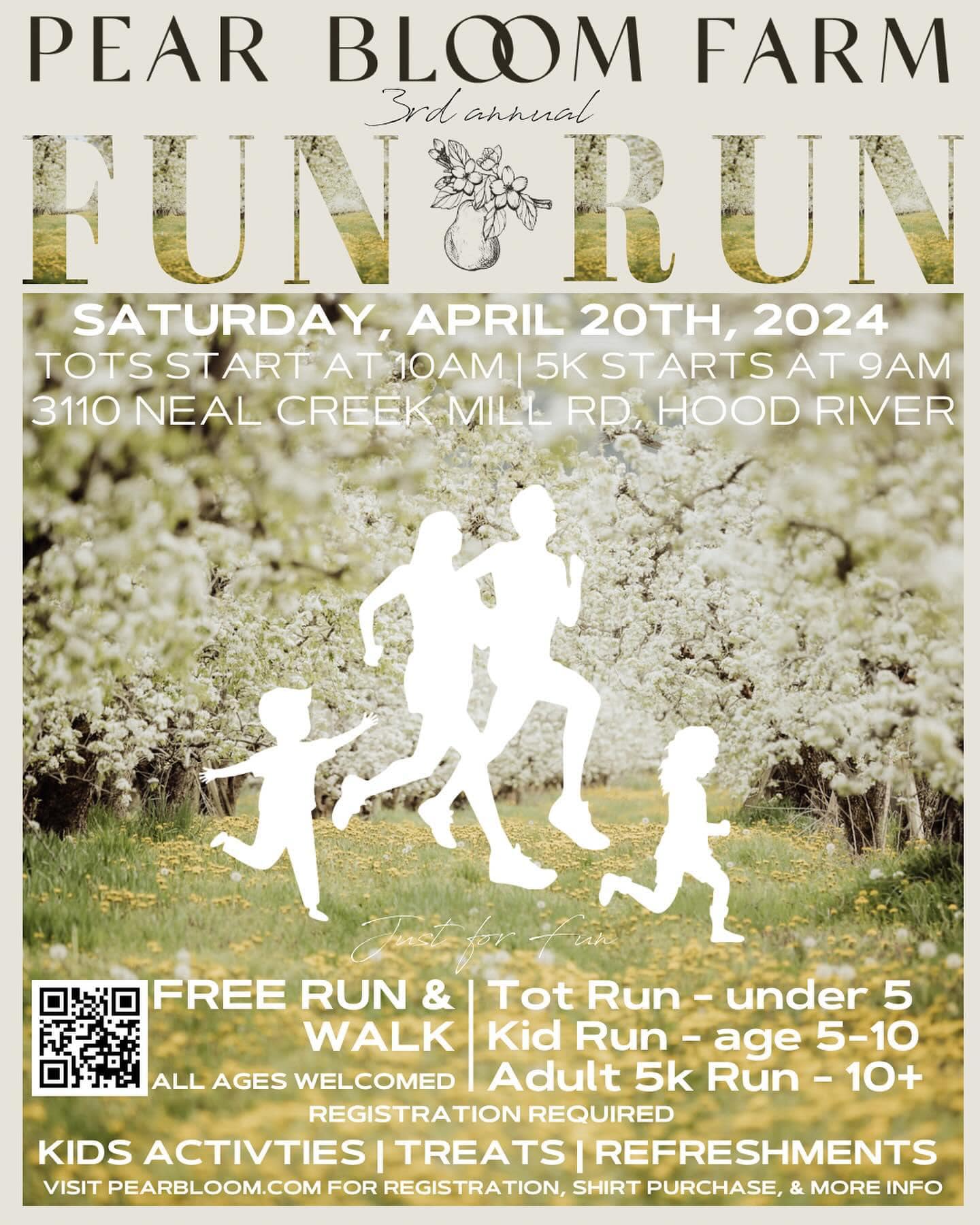 Pear Bloom Farm Fun Run poster with all the details