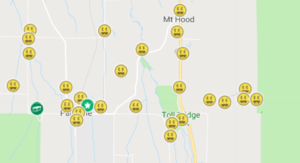 Smiley faces representing geocaches found by me near the Old Parkdale Inn