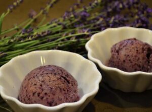 Lavender Sorbet in round white ramekins