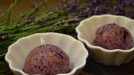 Lavender Sorbet in white scalloped ramekins