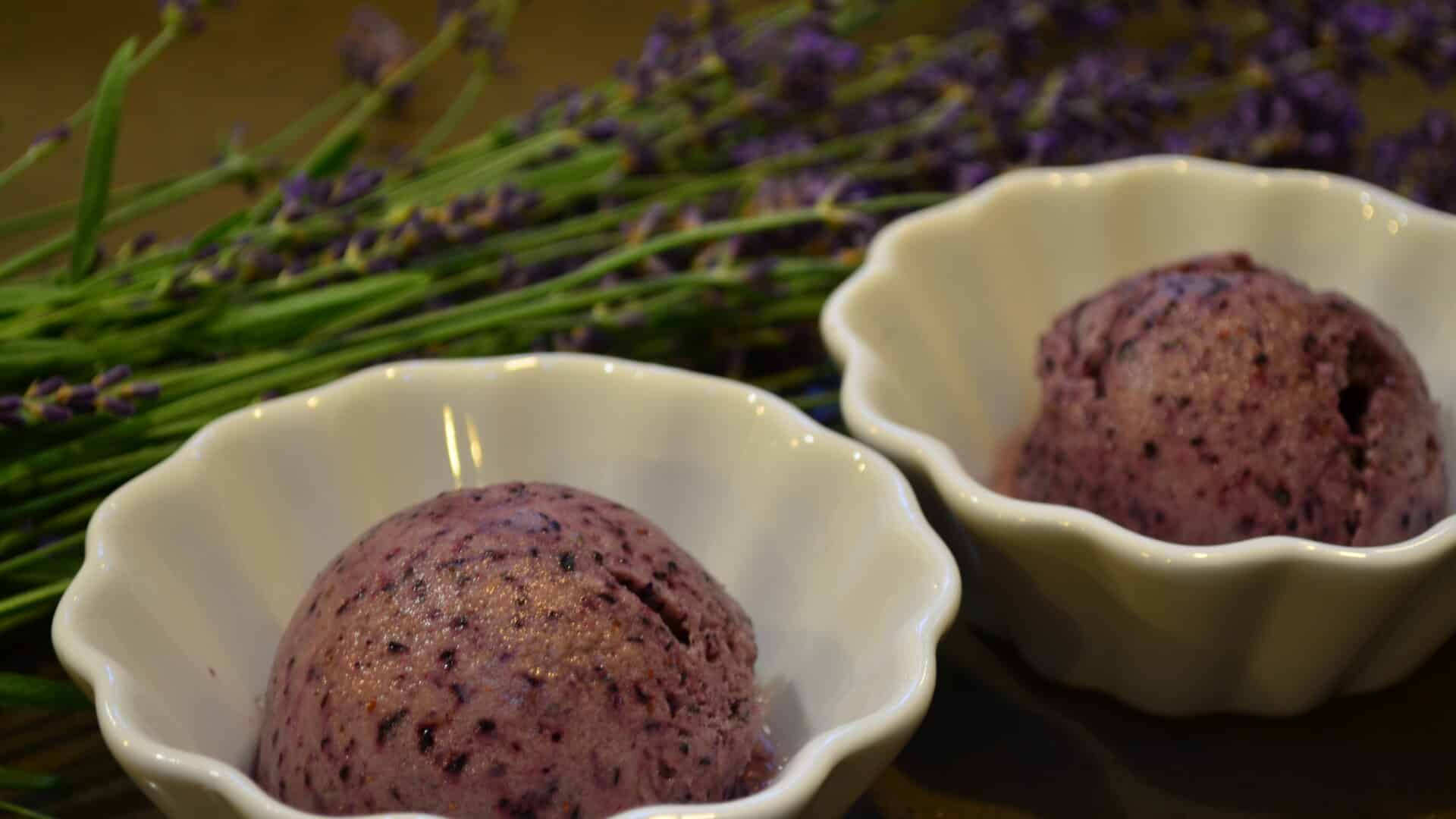 Lavender Sorbet in white scalloped ramekins