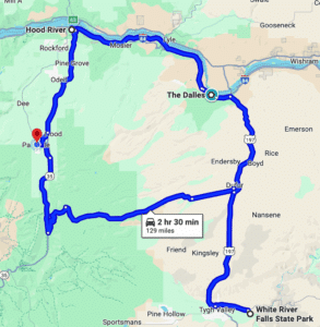 map showing route from Old Parkdale Inn to White River Falls, north to the Dalles and back to the inn
