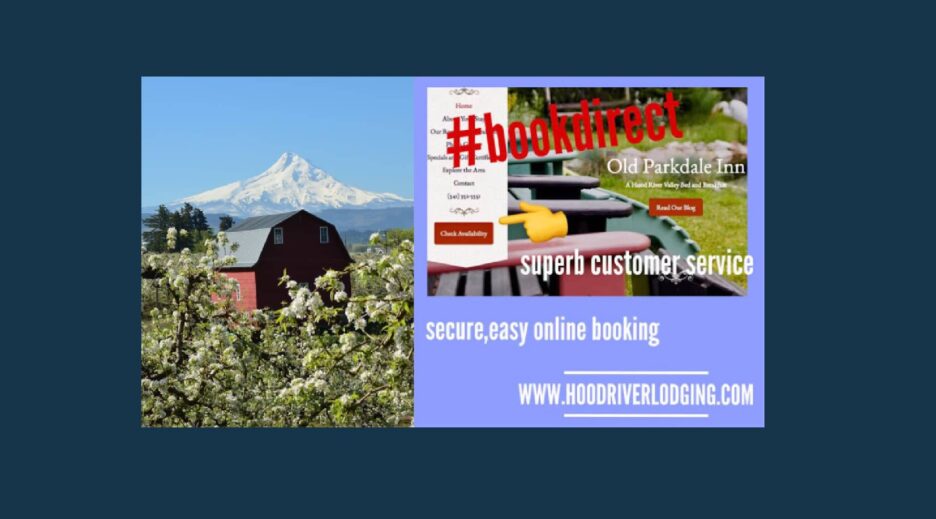 Book Direct Banner with red barn and Mt Hood