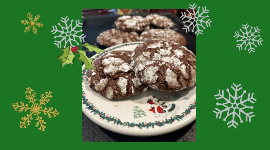 Chocolate Crinkle Cookies on a white plate banner